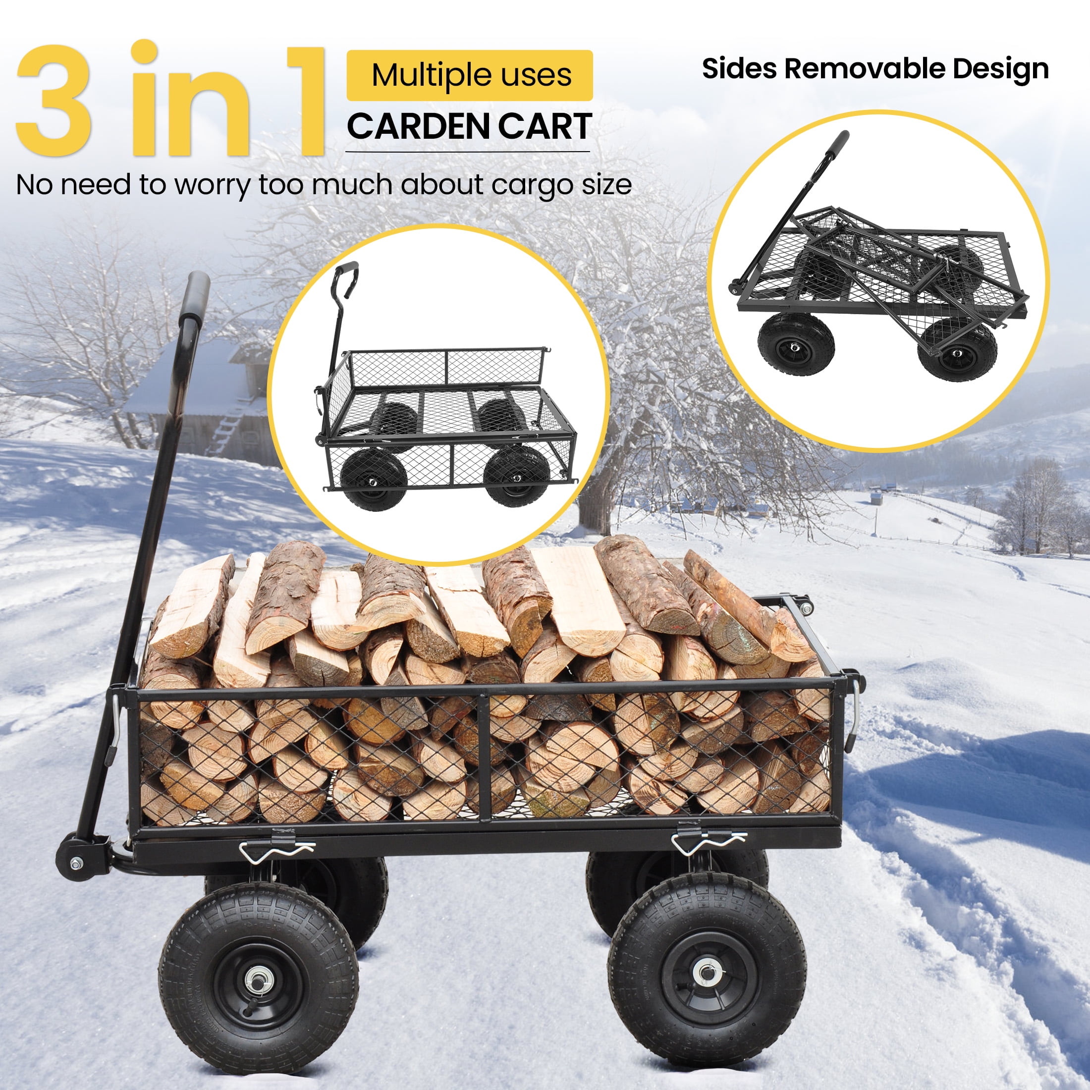 Aukfa Utility Garden Cart, Heavy Duty Metal Wagon Cart with Rotating Handle, Removable Sides/10" Wheels for Outdoor Hauling/Gardening, Black