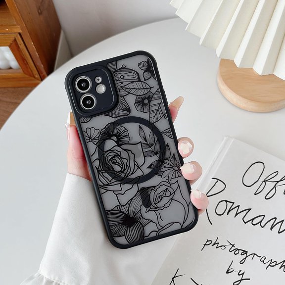 Magnetic Case for iPhone 12 6.1 Inch Floral Rose Cute Phone Case [Compatible with Magsafe] for Women Girls Aesthetic Pattern Slim TPU Shockproof Bumper Case, Black