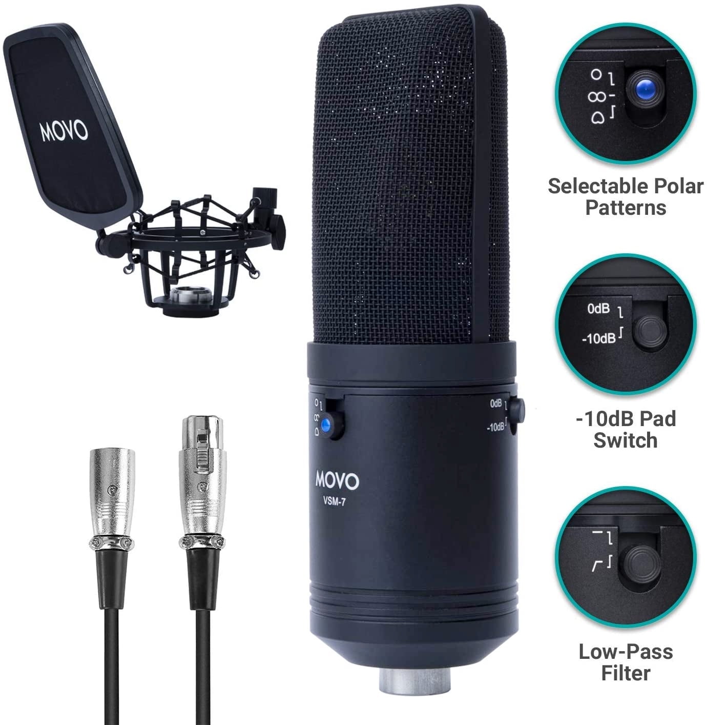 Movo VSM7 Large Diaphragm MultiPattern Studio XLR Condenser