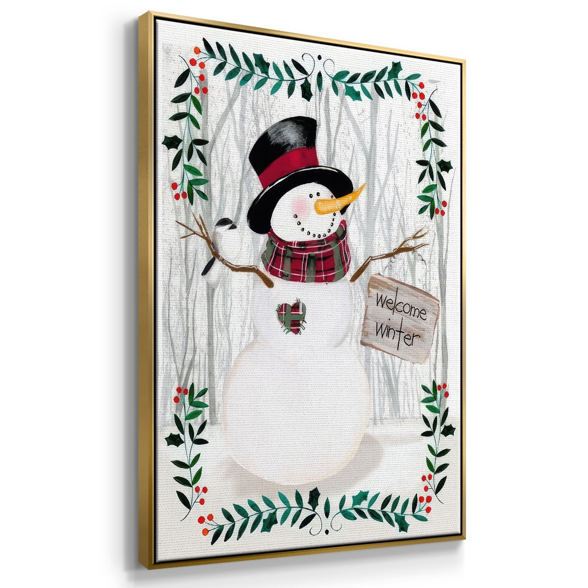Folk Snowman Forest I - Framed Gallery Wrapped Holiday Canvas - 17 x 25 - Gold Frame