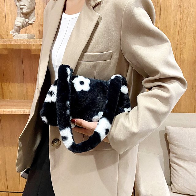 Bolsa de hombro con estampado de flores de felpa para mujerbolso pequeño para axila (flor blanca) Ehuebsd Para estrenar