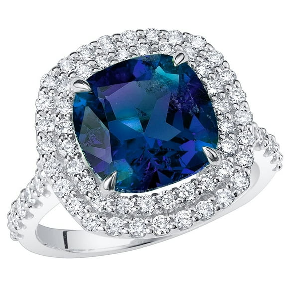 PEORA 5.75 Carats Created Alexandrite Lab Grown Diamond Ring in 14K White Gold, Color-Changing Cushion Cut, Size 9.5