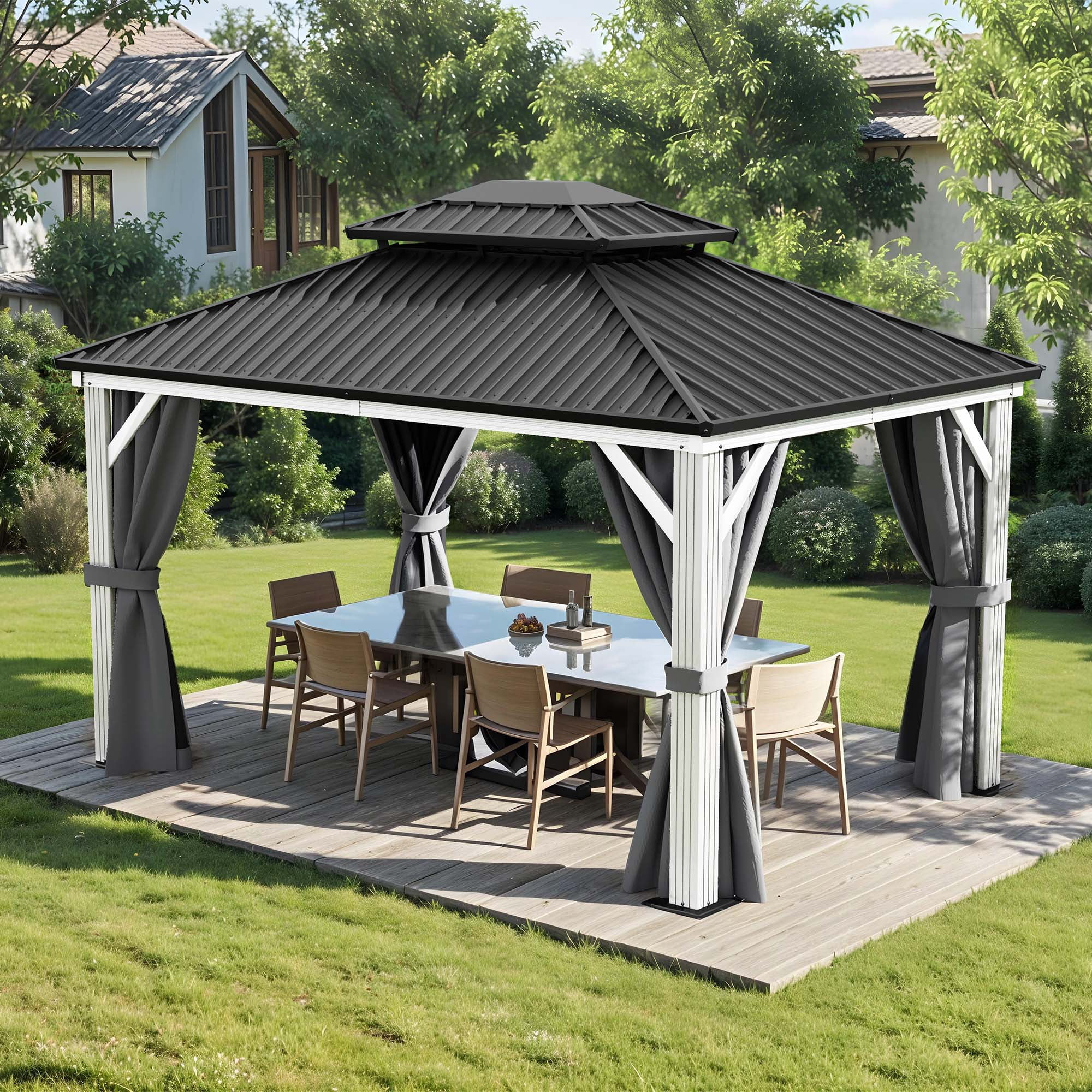 Dextrus 10' x 12'  Hardtop Gazebo with Netting & Curtains, Heavy Duty Double Roof Galvanized Steel Garden Tent for Patio, Backyard, Gray