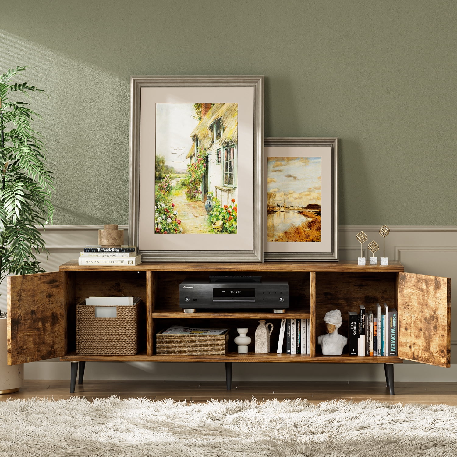 Furmax Mid-Century 2-Door TV Stand for TVs up to 65", Rustic Oak