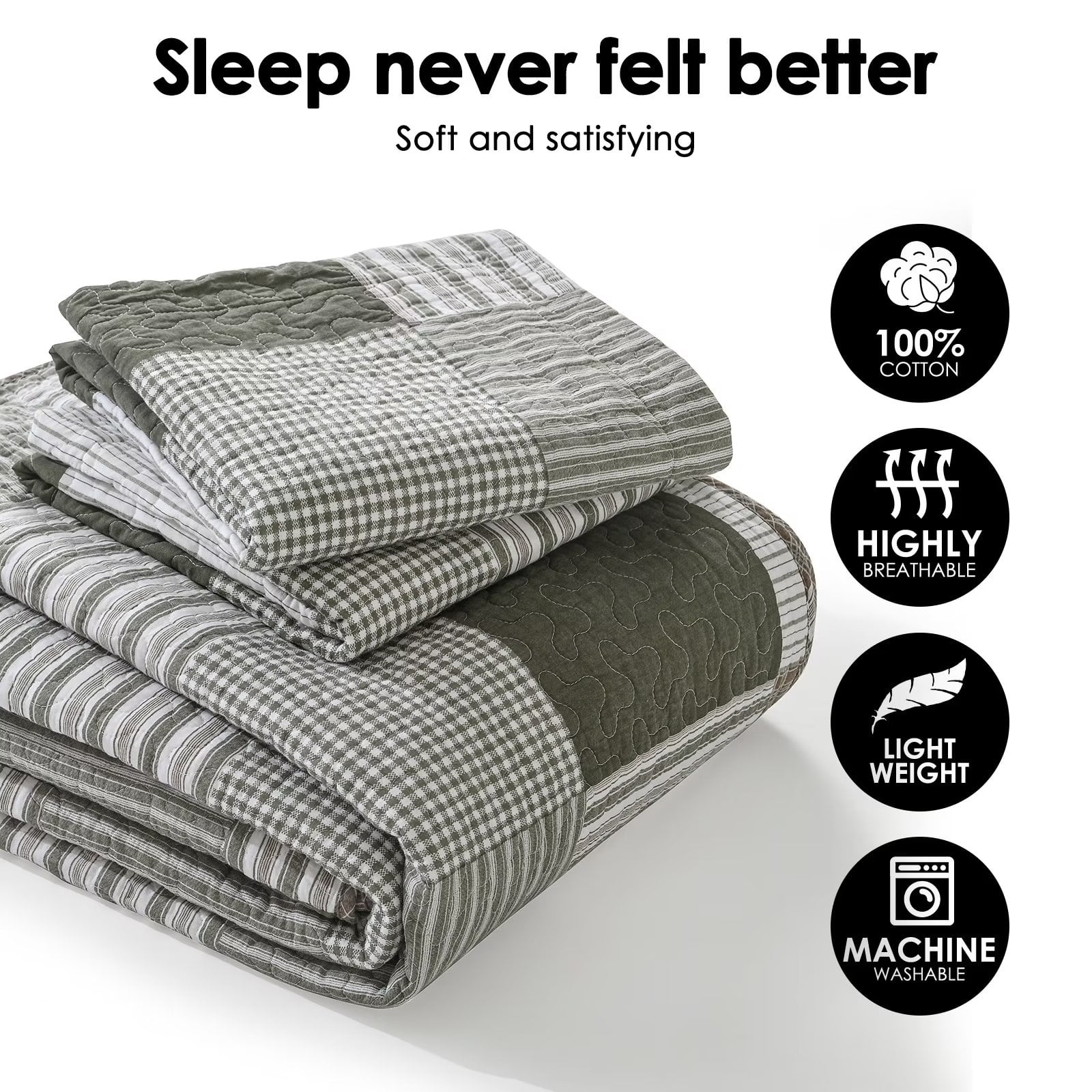 Bedduvit Queen Size Quilt Set - 100% Cotton Green/Moonbeam Patchwork Plaid Queen Size Quilt Bedspread, Farmhouse Lightweight Winter Fall Comforter Set/Bedding Set for All Season, 3-Piece (98"x90")