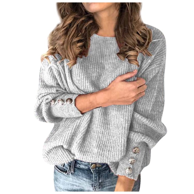 Kogui Chandails pour Femmes Chandails d'Automne pour Femmes 2025 Chandails Tendance Manches Longues Col Rond Chandail Ample à Enfiler Hauts (Gris,G)