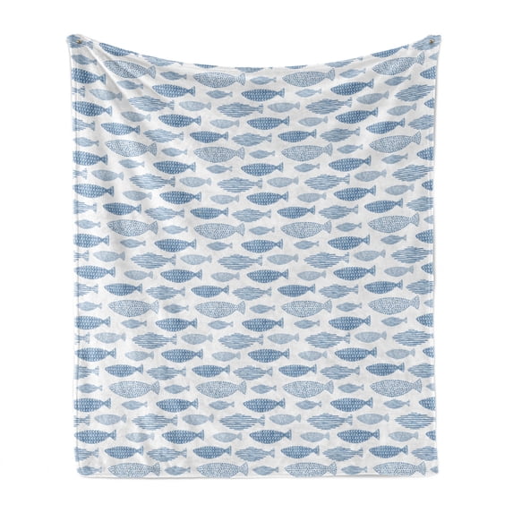 Fish Soft Flannel Fleece Throw Blanket, Abstract Watercolor Effect Fish Pattern Designed with Dots and Stripes, Cozy Plush for Indoor and Outdoor Use, 70" x 90", Pale Slate Blue White, by Ambesonne