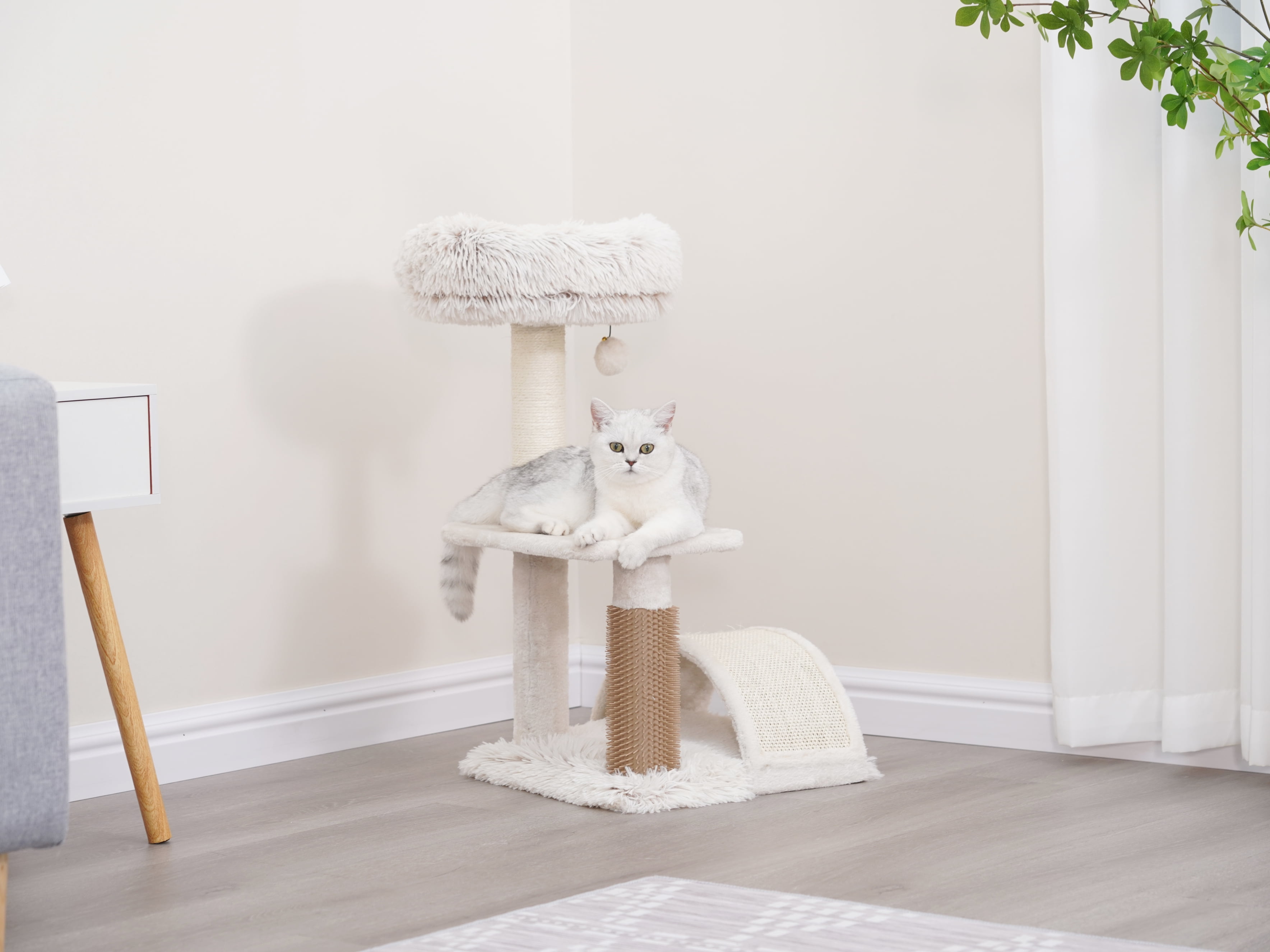 Vibrant Life 3-Level 27.8" Tall Cat Tree with Scratching Arc, Full Body Groomer, Cream