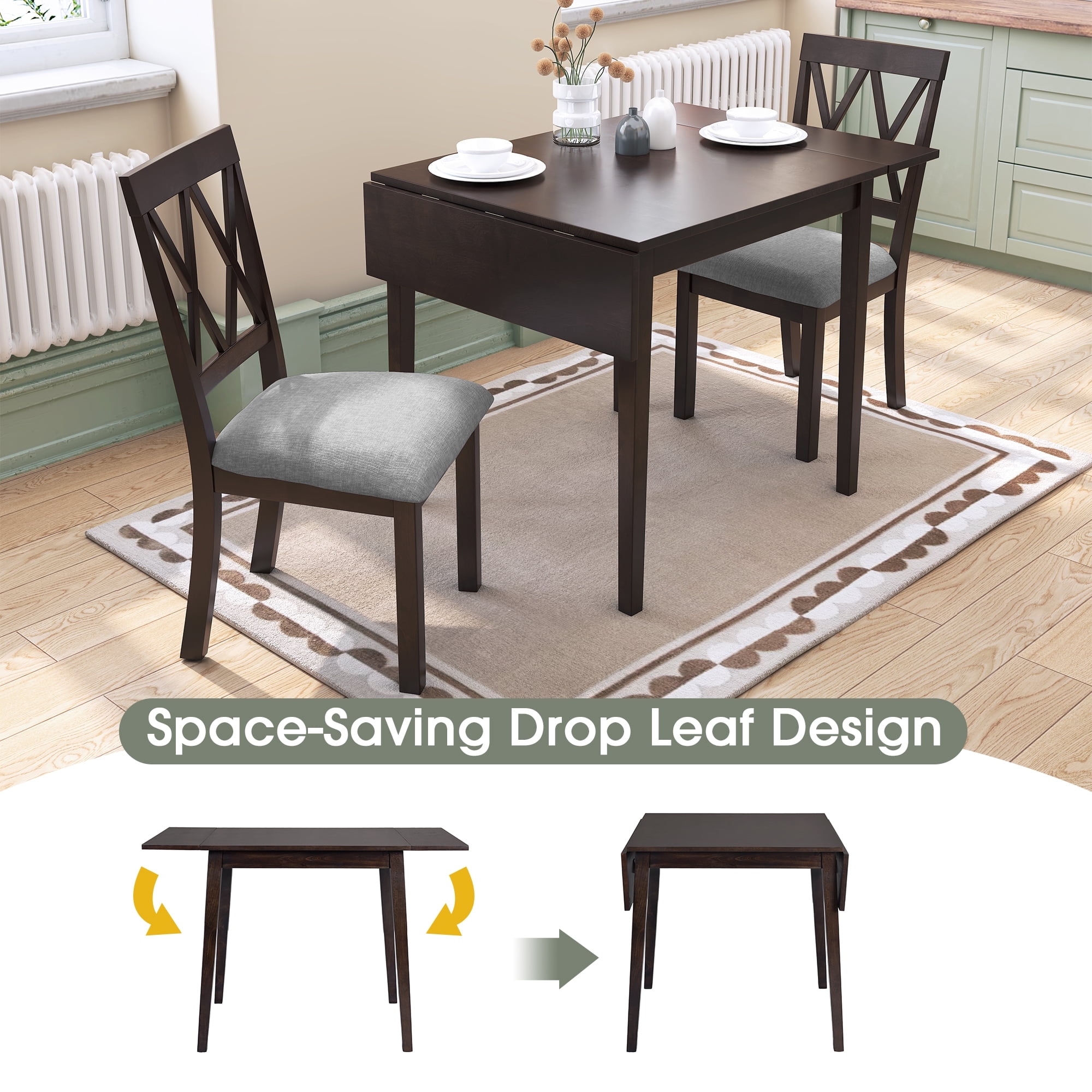 Euroco 29"- 45" Extendable Dining Table for 4, Folding Kitchen Table with Wood Legs for Kitchen, Dining Room,Living Room,Small Spaces,Espresso
