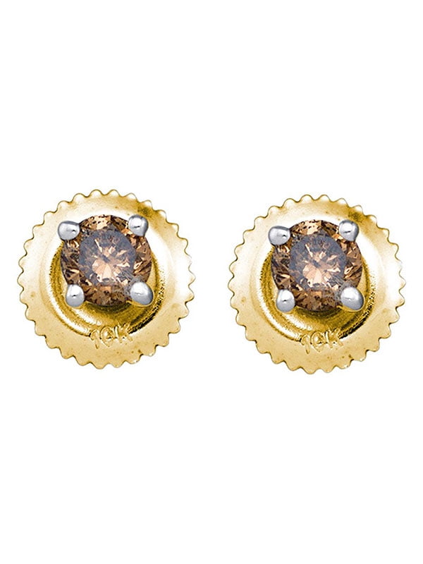 Chocolate Brown 10K Yellow Gold Sparkling Solitaire Stud Screwback Earrings 1/4 Ctw