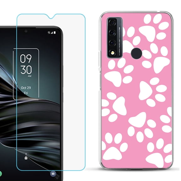 Slim-Fit Fashion Phone Case for TCL 20 XE, with Tempered Glass Screen Protector, by OneToughShield ® - Pet Paw/ Pink