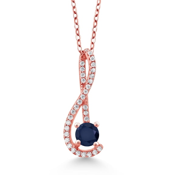 Gem Stone King 0.86 Ct Blue Sapphire White Created Sapphire 18K Rose Gold Plated Silver Pendant with Chain