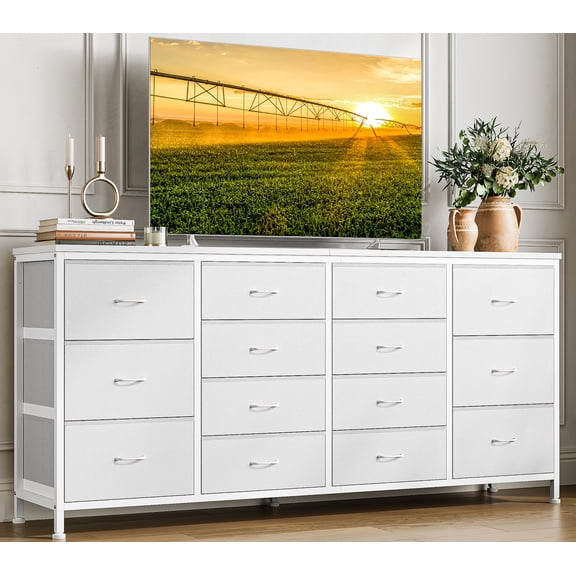 Cómoda Recibidor con 14 Cajones, Soporte TV 63" y Tomas de Corriente – Mueble Multiusos - Acabado en cuero blanco