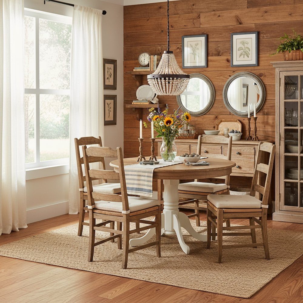 FurniFact Round Dining Table, Natural & White Finish, Solid Wood, Pedestal Base, 36-Inch