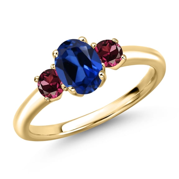 Gem Stone King 10K Yellow Gold Blue Created Sapphire and Red Rhodolite Garnet Engagement Ring for Women | 1.44 Cttw | Oval 7X5MM | Gemstone September Birthstone | Size 8