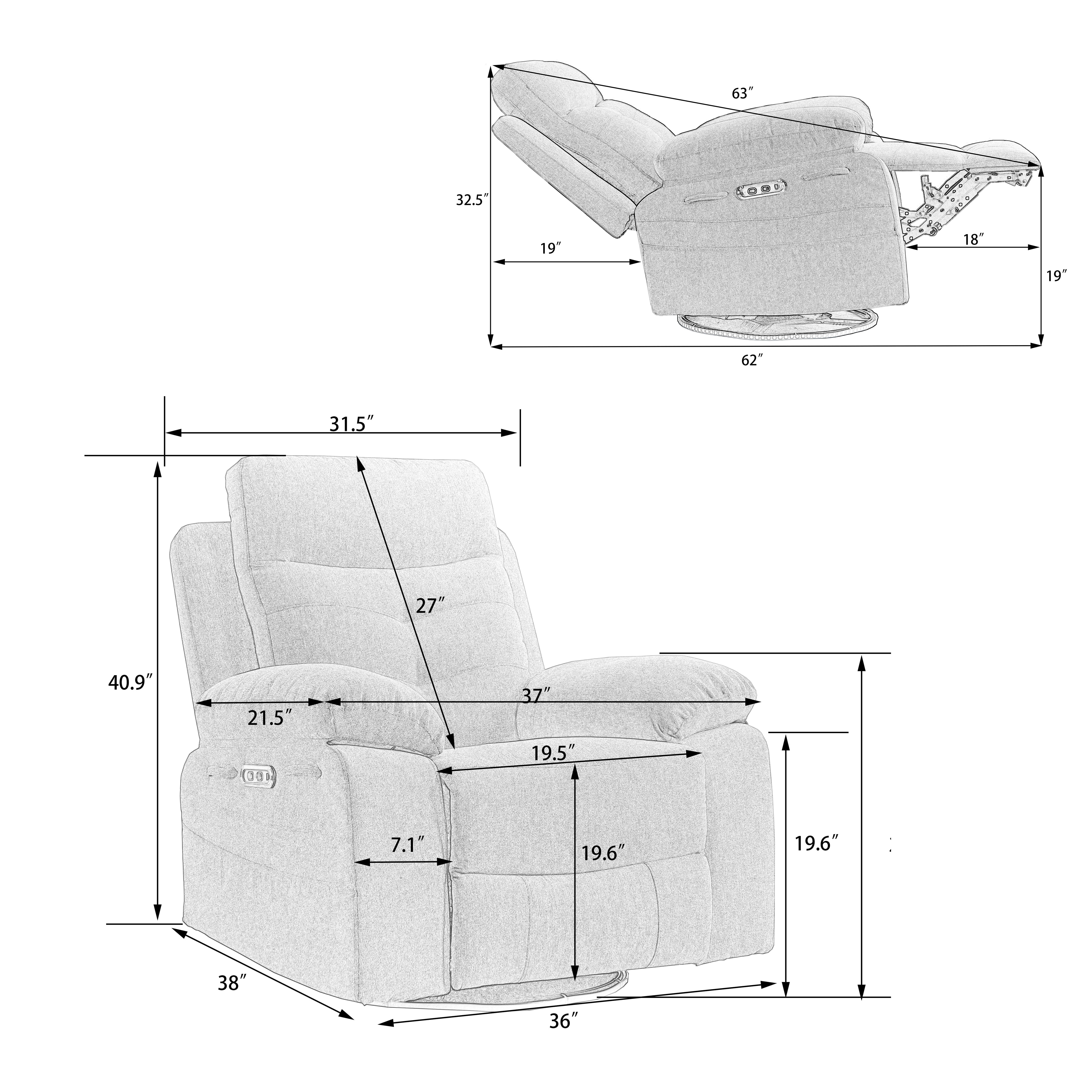 Power Recliner Chair with Bluetooth Speakers & 270° Swivel, Ergonomic Reclining Sofa w/ LED Lights, USB + Type-C Ports, Pockets for Back Pain Relief, Ideal for Elderly & Adults, Reading Bedroom, Grey