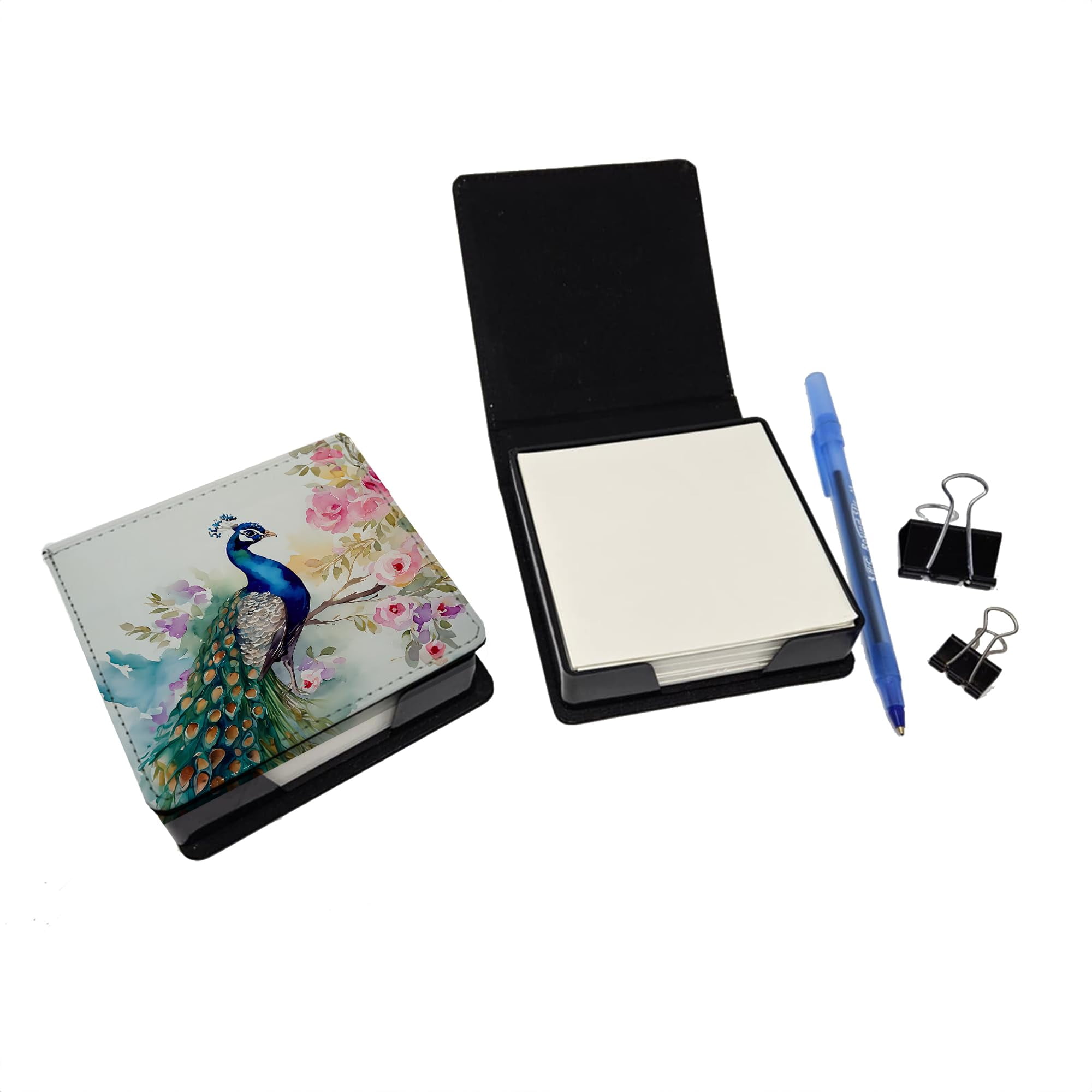 Caroline's Treasures Peacock PU Leather Note Paper Holder with Artist-Designed Cover, Desk Accessory, Office Gift
