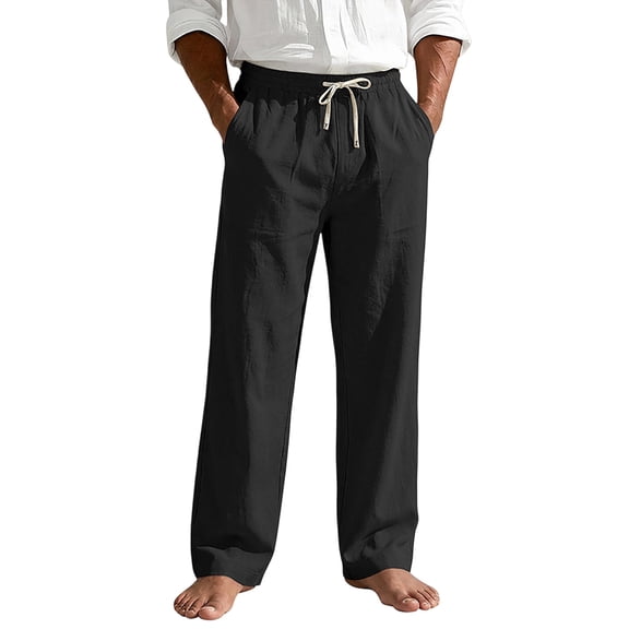 Timoontee Men Straight Linen Casual Pants Light Crinkle Texture Contrast Tip Drawstring Elastic Waist Relaxed Fit Resort Summer Walking Trousers Black L
