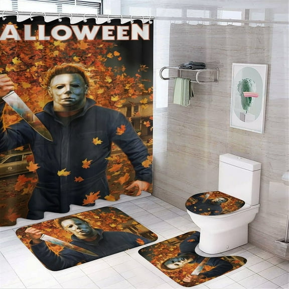 Michael Myers 4 Piece Shower Curtain Set with Non-Slip Rugs, Toilet Lid Cover and Bath Mat, Funny Bathroom Curtains Decor Set with Rugs and 12 Hooks, 72" x 72"