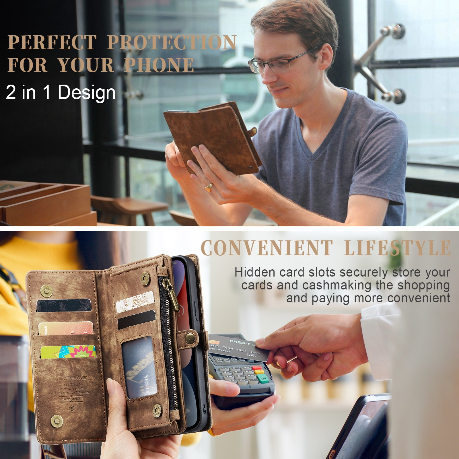 For Apple iPhone 15 Plus Wallet Case,Multi-Functional Retro Leather Purse Flip Cover Zipper Wallet Case with Removable Card Slots Pocket & Detachable Wrist Strap Magnetic Phone Case, Darkbrown