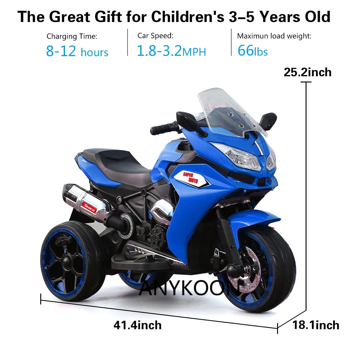 Anykoon 12V Kids Electric Ride On Motorcycle with 3 Light-Up Wheels, Bluetooth Music & LED Lights, Battery Powered Ride On Toy for Ages 3-8, Blue
