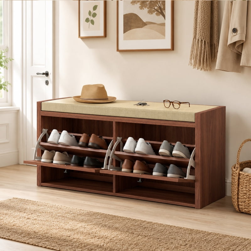 Alvantor Shoe Storage Bench with Rattan Doors & Padded Seat for Entryway 42.5"x13.8"x19.7" Brown