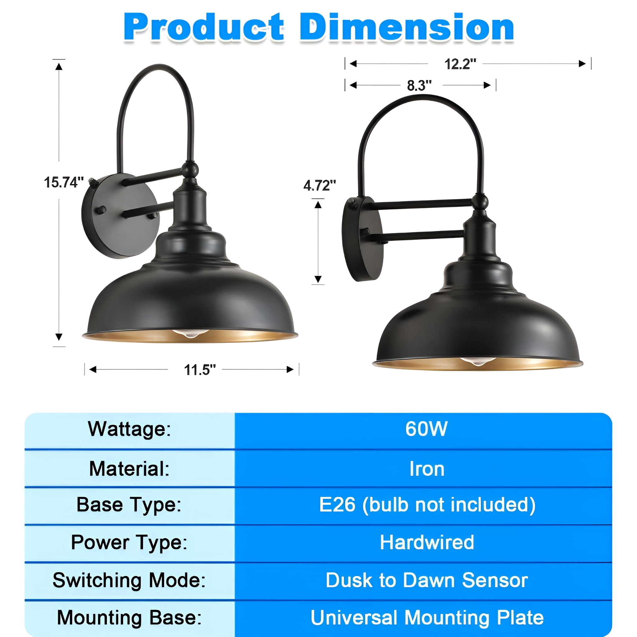 GCGAFUL Dusk to Dawn Outdoor Barn Lights 2 Pack, Farmhouse Gooseneck Wall Sconce, Waterproof Vintage Lighting for Porch, Garage, Patio