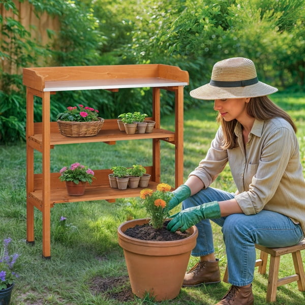 Outdoor Garden Potting Bench Table, Wooden Horticulture Planting Worstation with Metal Tabletop, 2 Storage Shelves, 3 Hooks, Natural Wood