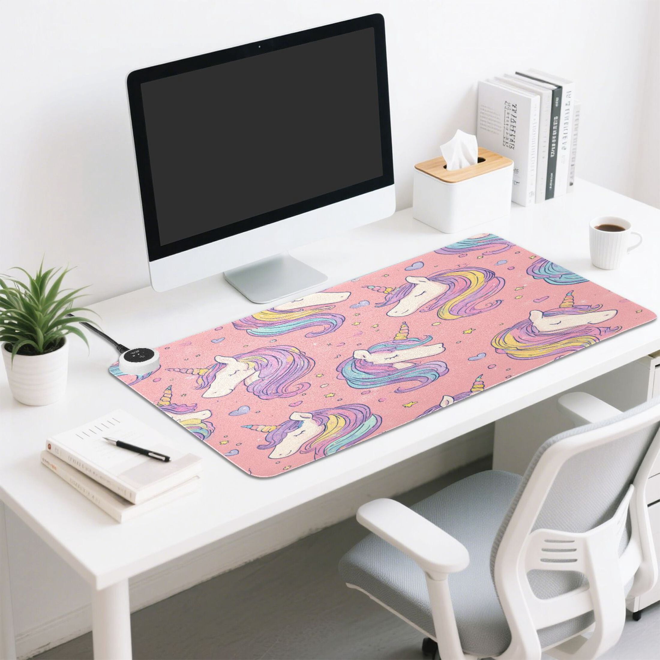 Large Heated Desk Mat Mouse Pad 31.5"x13"PU Leather Graphene Heating Desk Warmer with 3 Temperature Settings 110V US Plug Non-Slip Warm Pad for Home, Office, and Gaming Soft Pink Unicorn Illustration