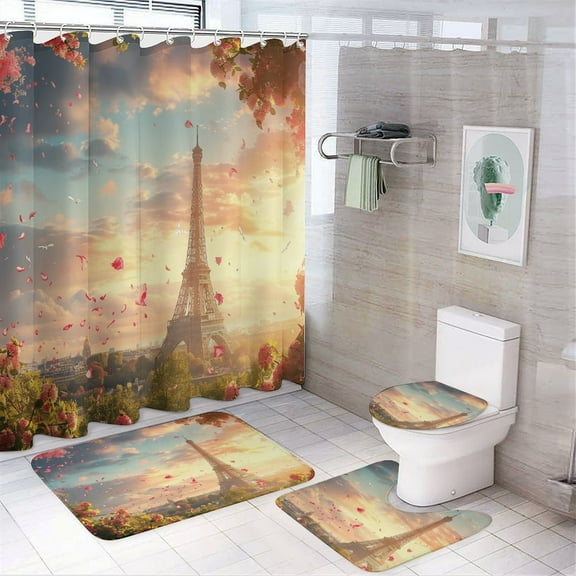 Blossoming Paris Eiffel Tower 4 Pcs Shower Curtain Set with Rug Bathroom Sets with Waterproof Fabric And Non-Slip Rugs Toilet Lid Cover Bath Mat Decor with Hooks