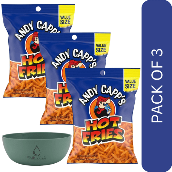 3 Pack Of Andy Capp’s Hot Fries Corn & Potato Snacks – 8 oz Share Bag, Fiery Crunch, With Olive Green Bowl By ValueNest