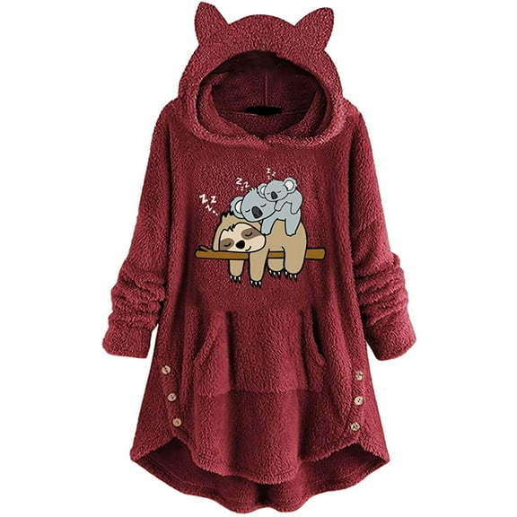Fesfesfes Long Hoodie Tops for Women Cute Pattern Winter Cat Ear Fleece Fuzzy Hooded Blanket Dress Plush Tops For Teen Girls