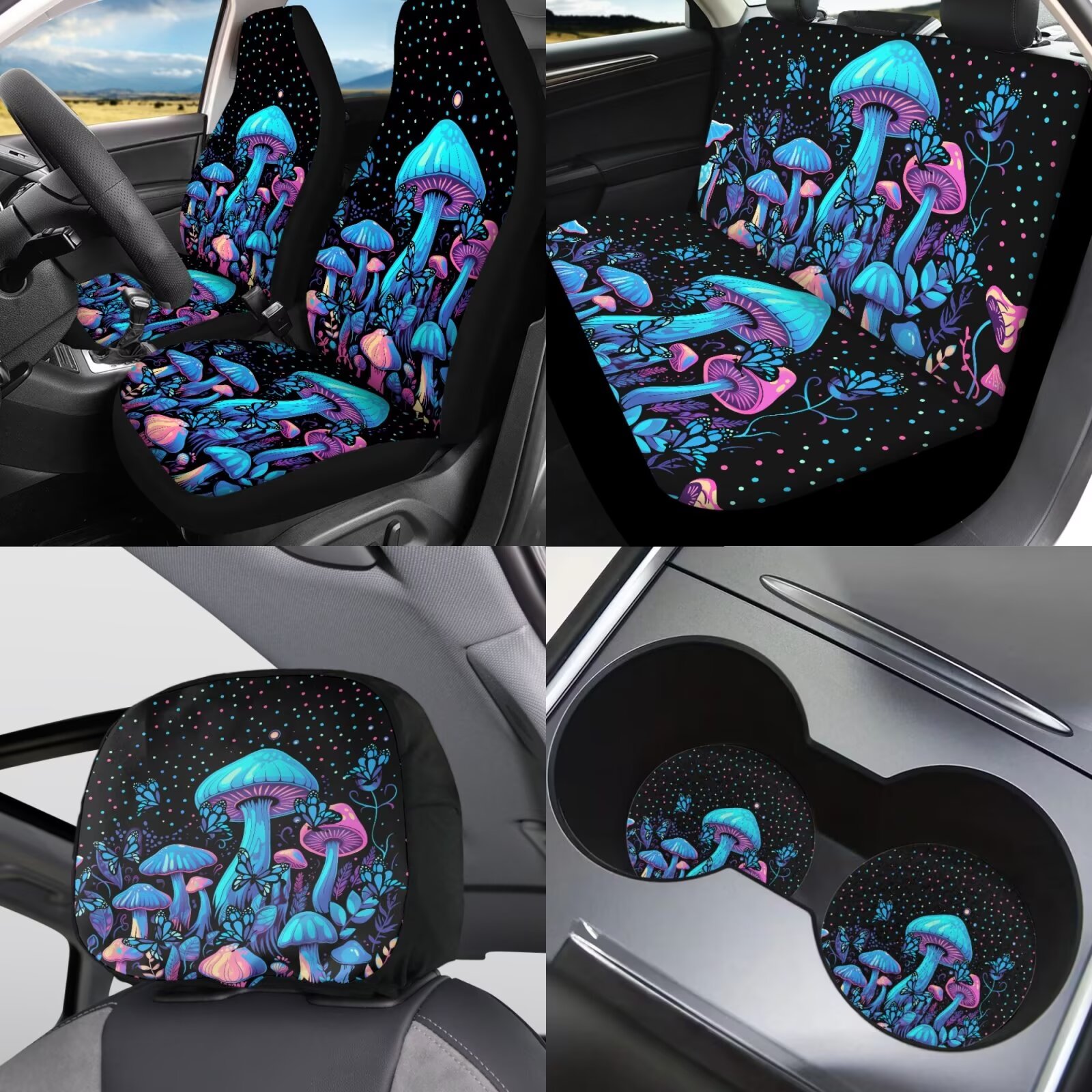 Garronmavis Blue Mushroom Car Seat Covers Full Set Breathable Auto Interior Protector with Cars Headrest Protectors+Wristlet Keychain+Auto Cup Coaster+Handbrake Gear+Shift Knob Cover