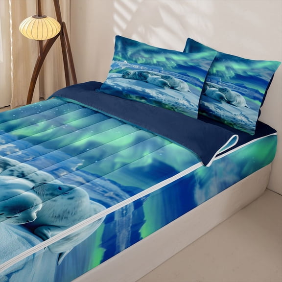 Manfei Arctic Animal Seal Zipper Full Size Comforter Sets with Fitted Sheet and 2 Pillowcases for Kids Boys and Girls, Magical Aurora Zipper Bedding Set, Navy Reversible, 4pcs