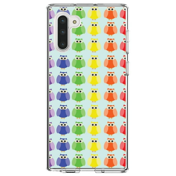 DistinctInk Clear Shockproof Hybrid Case for Samsung Galaxy Note 10 (6.3" Screen) - TPU Bumper, Acrylic Back, Tempered Glass Screen Protector - Rainbow Owls Cartoon - Cartoon Owls