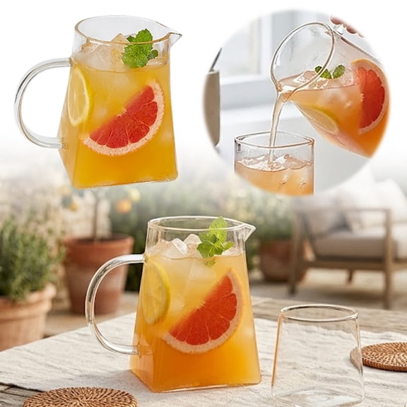 Leeye Large Square Glass Pitcher with Handle & Spout, 44 oz Borosilicate Carafe, Iced Tea Juice Lemonade Dispenser for Home Bar, Clear, 5.12 x 3.15 in, 0.65 lb