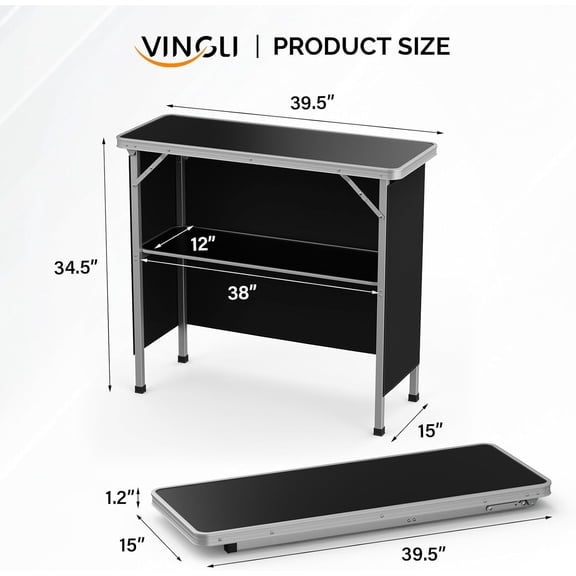 Portable Bar Table with 2-Tier Shelves and Black Skirt for Events, Parties, Camping, Picnic, Tradeshow