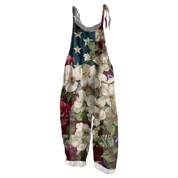 JULMCOMO 4th of July Jumpsuits for Women 250th Year Cotton Linen Spaghetti Straps Plus Size Red White Blue Overalls Stars Stripes Wide Leg Sleeveless Patriotic Rompers with Pockets Beige M