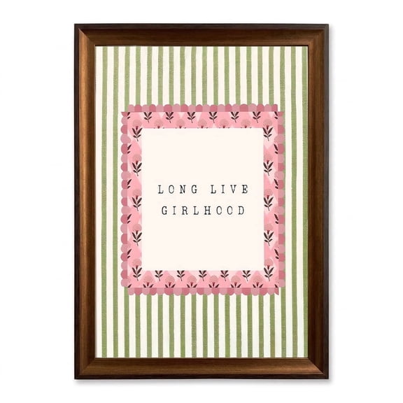 PORMIPONE  Inspirational Typography Wall Art 16x24 inch Long Live Girlhood Canvas Green Pink Striped Ps Framed Print for Bedroom