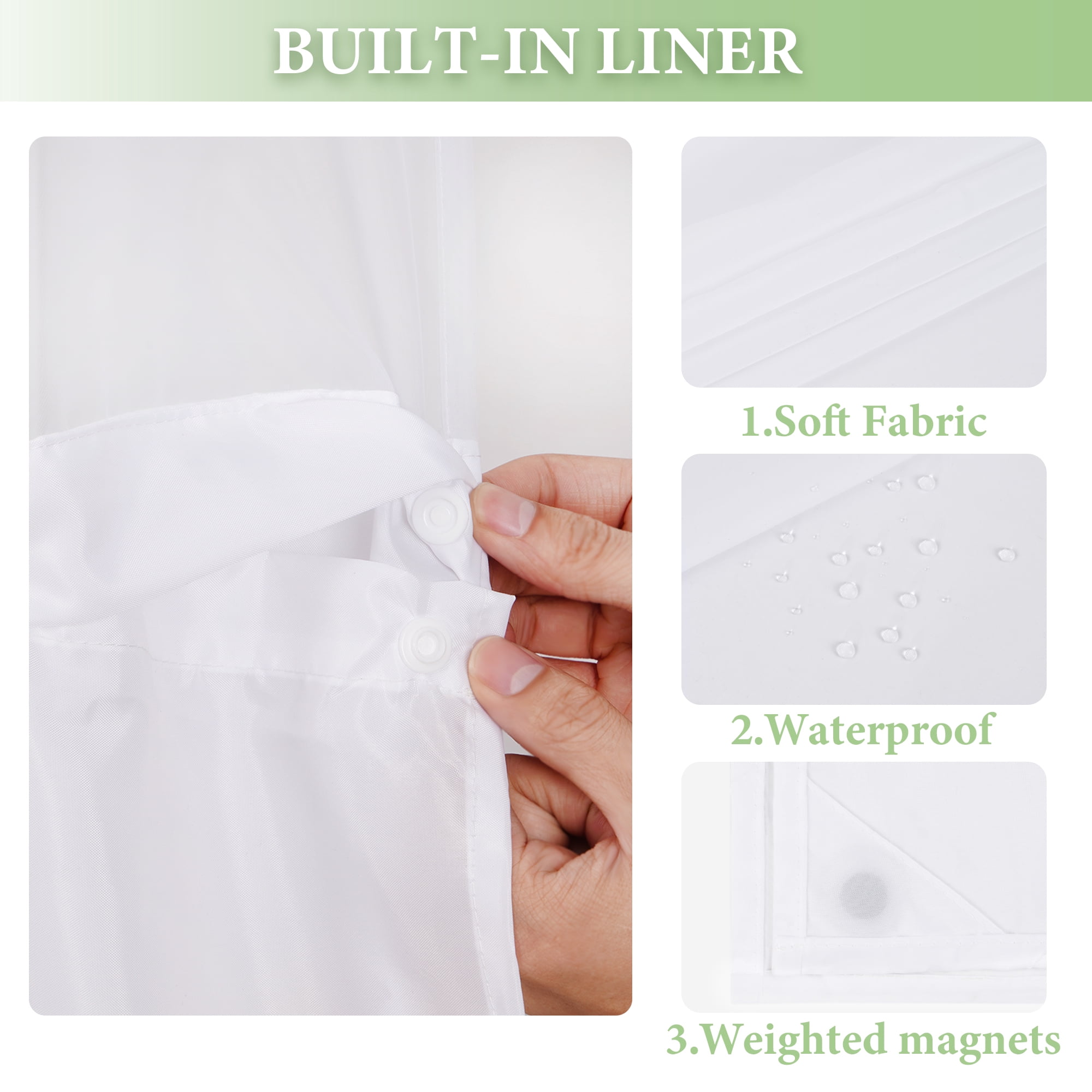Ikfashoni Hookless Shower Curtain with Snap in Liner, Green Watercolor Flowers No Hook Waterproof Bath Curtain, 71"X74"