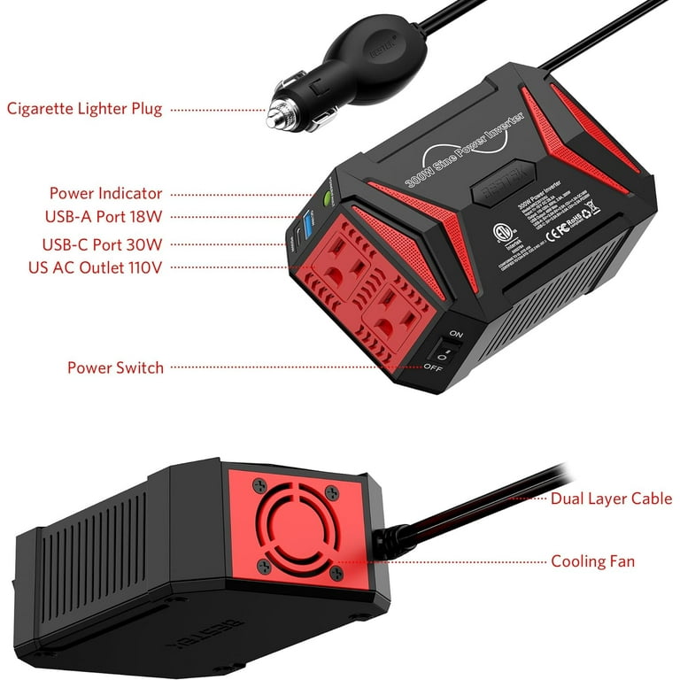 300w inverter cigarette lighter Power Inverters For Vehicles 300W Pure Sine Wave Car Power Inverter With  PD30W Type-C & QC3.0 USB Ports