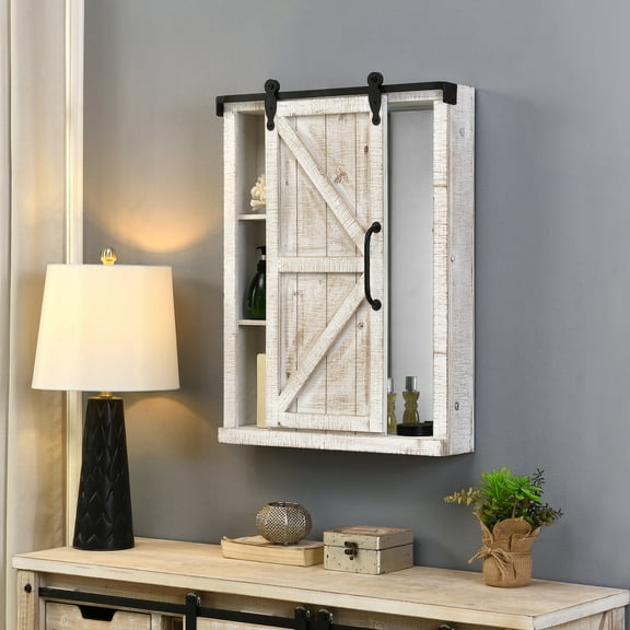 FirsTime & Co. Off-White Winona Barn Door Mirrored Cabinet, Farmhouse, Square, 21 x 5.5 x 28 in