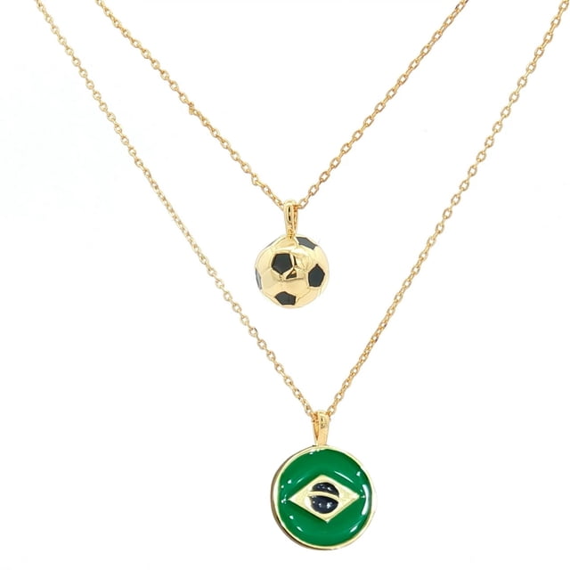 Cyra | Collar Doble para Mujer con Dije de Bandera de Brasil y balón, Fabricado en Chapa de Oro y esmaltado, Color Dorado