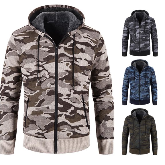 SONXAHE Men's Camo Print Zip Up Hoodie Fleece Lined Regular Fit Hoodies Winter Outdoor Outerwear Tops