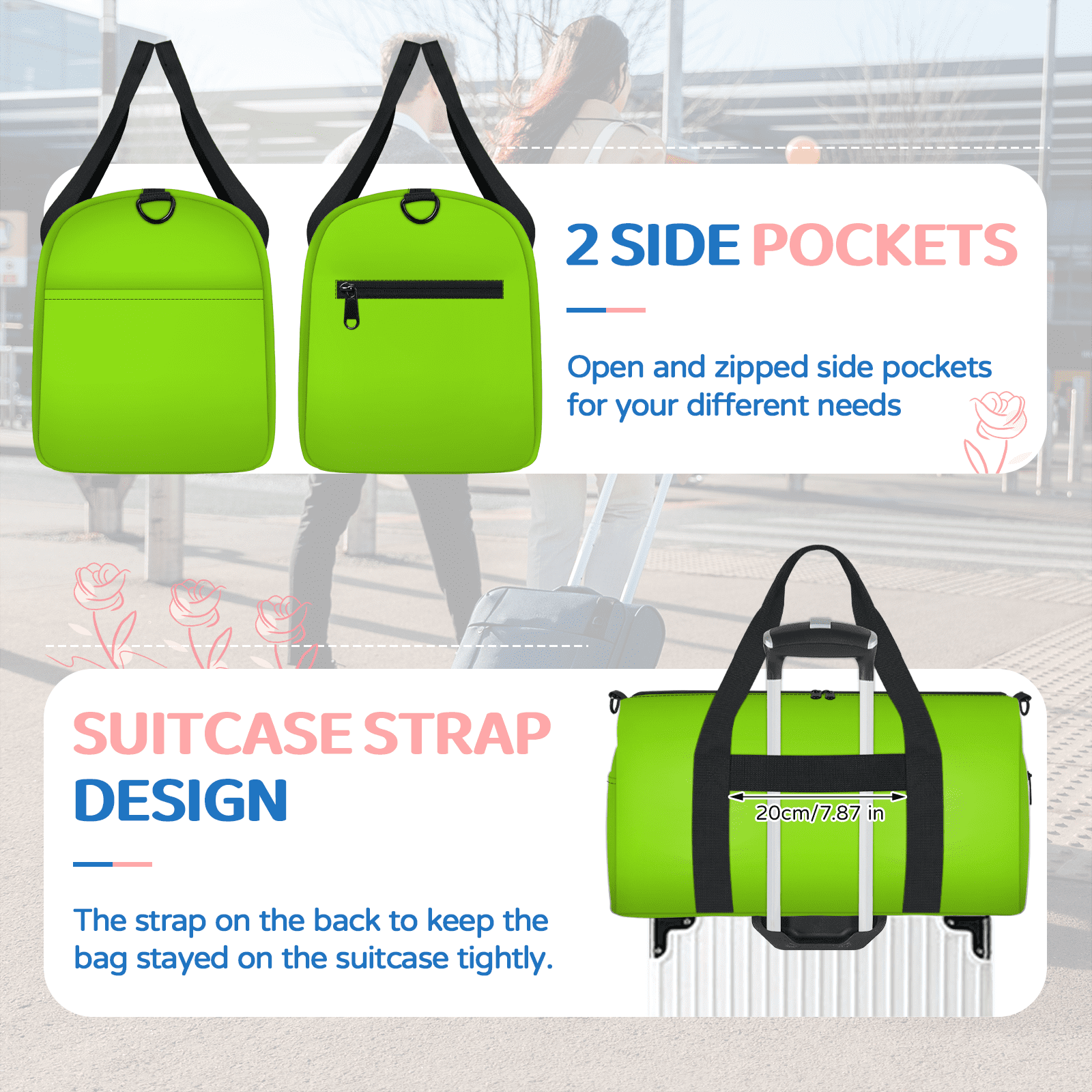 Herdesigns Grass Green Travel Duffle Bag Sports Yoga Weekender Overnight Carry on Workout Bags Lightweight Waterproof Gym Tote Bag for Women