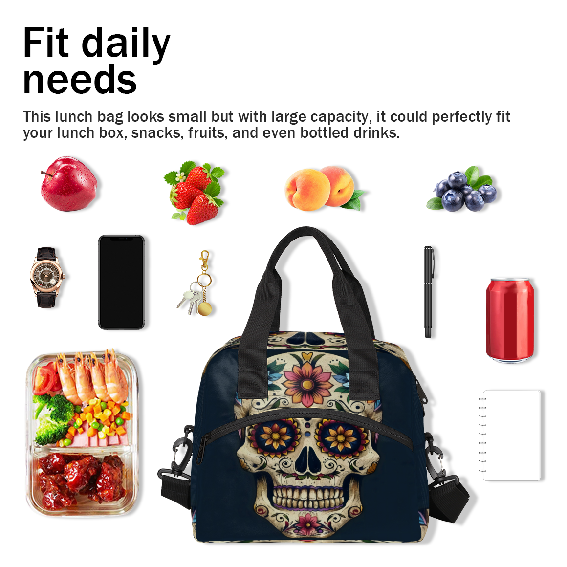 Herdesigns Day Of The Dead Skull With Floral Insulated Lunch Bag for Women Men Adults Large Reusable Lunch Box Leakproof Portable Cooler Tote Bags with Adjustable Shoulder Strap