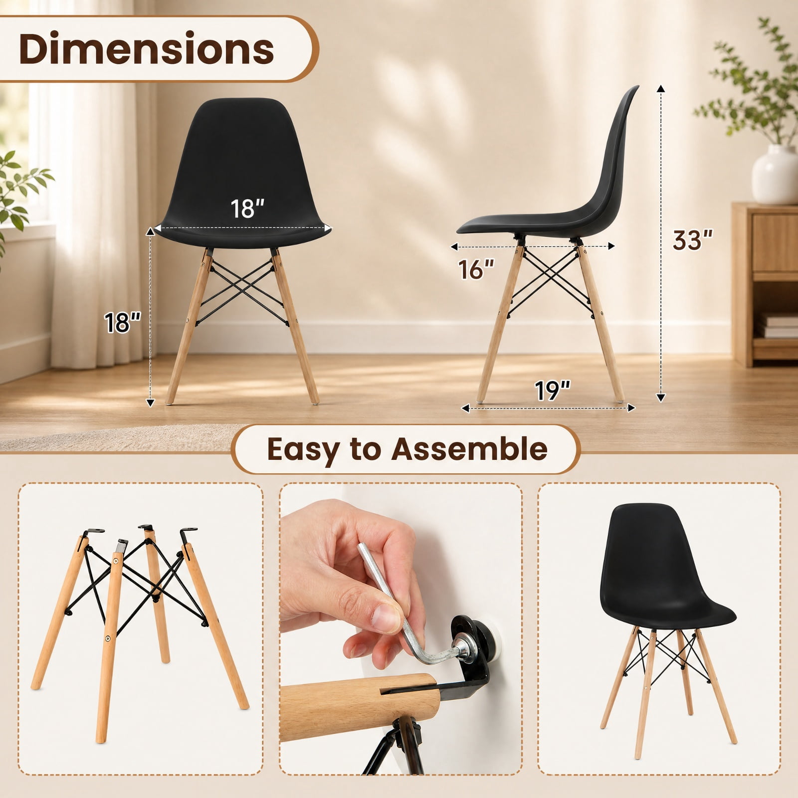 Furnibear 4 Pieces Modern Armless Dining Chair Set with Wood Legs for Kitchen Dining Room Living Room Home, Black