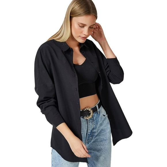 DART Blouses for Women Fashion, Casual Long Sleeve Button Down Shirts Tops, XS-3XL Black Medium