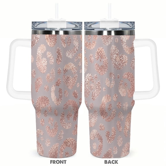 Rose Gold Leopard Print 40oz Tumbler with Handle Stainless Steel Insulated Travel Coffee Cup Metallic Animal Pattern Car Cup Gift for Women
