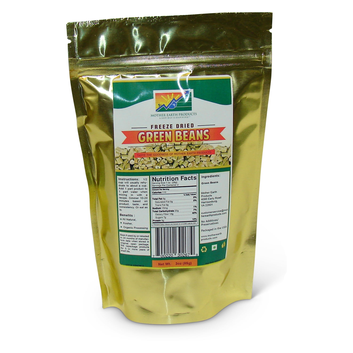 Freeze Dried Green Beans, 2 full cup Mylar Bag